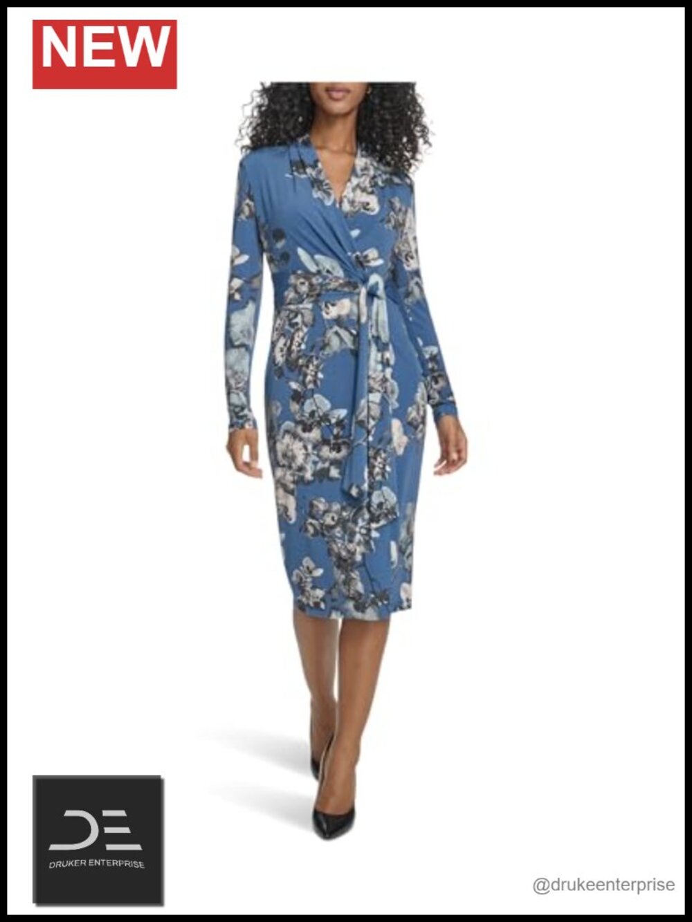 Calvin Klein Long Sleeve Floral Jersey A-Line Midi Dress